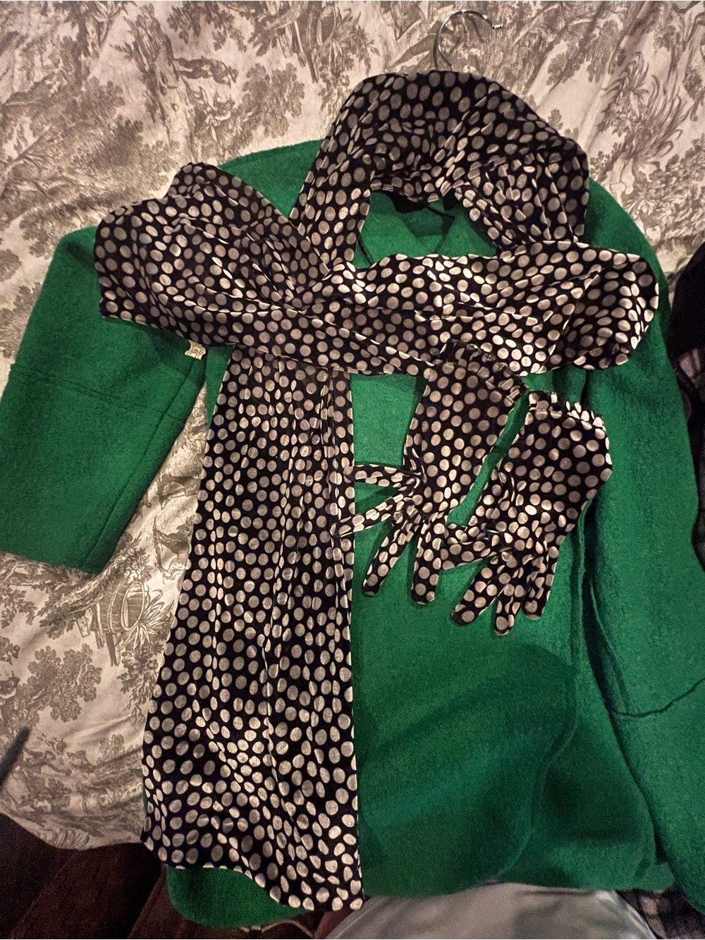 Black and Silver Polka Dot Velvet Scarf with Matching Gloves